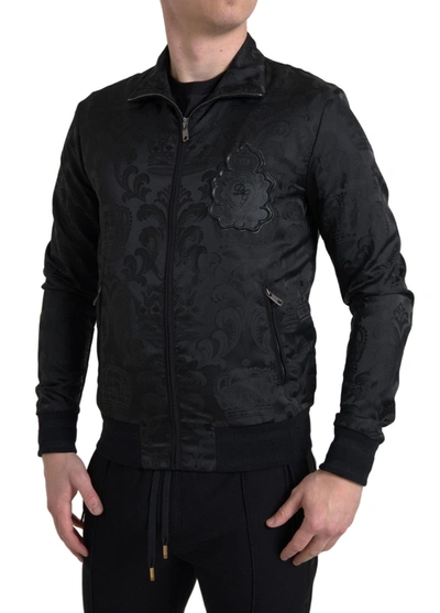 Dolce & Gabbana Black Full Zip Jumper Brocade Logo Casual Mens Jacket