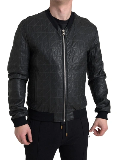 Dolce & Gabbana Black Leather Full Zip Bomber Coat Jacket