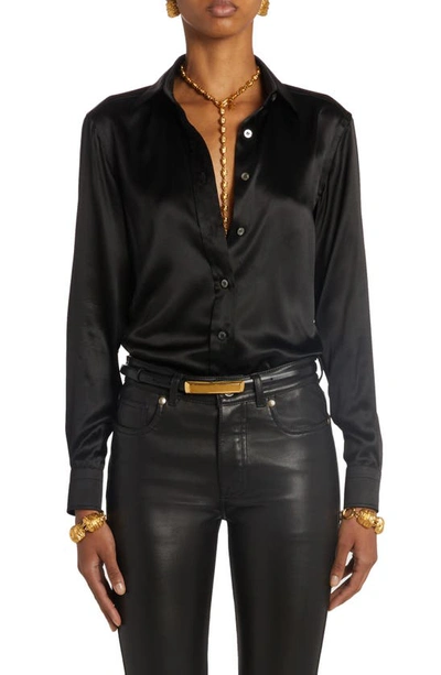 Tom Ford Button Up Silk Satin Shirt In Black