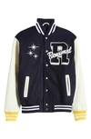 Renowned Embroidered Varsity Jacket In Creme