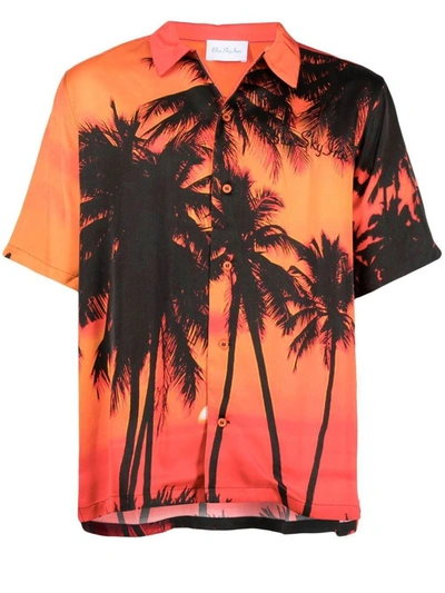 Blue Sky Inn Sunset Palms Printed Satin Shirt In Arancione