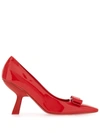 Ferragamo Pointed Toe Kitten Heel Pumps With Bow Detailing In Flame Red