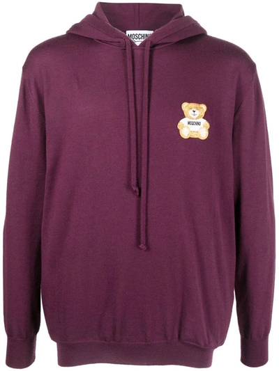 Moschino Teddy-bear Virgin-wool Hoodie In Burgundy