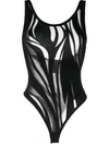 Mugler Scoop Neck Velvet Sheer Zebra Top In Black
