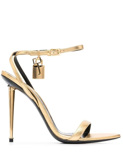 Tom Ford Pointed Laminated Leather Heel Sandals In Golden