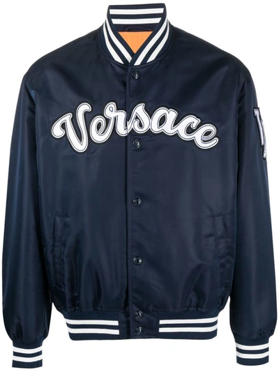 Versace Logo Embroidered Buttoned Jacket In Blue