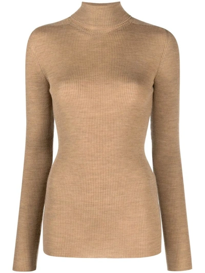 Wardrobe.nyc Funnel-neck Ribbed-knit Top In Brown