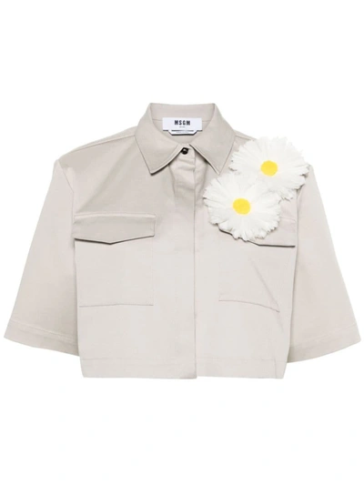 Msgm Floral Detailed Cropped Shirt In Grey