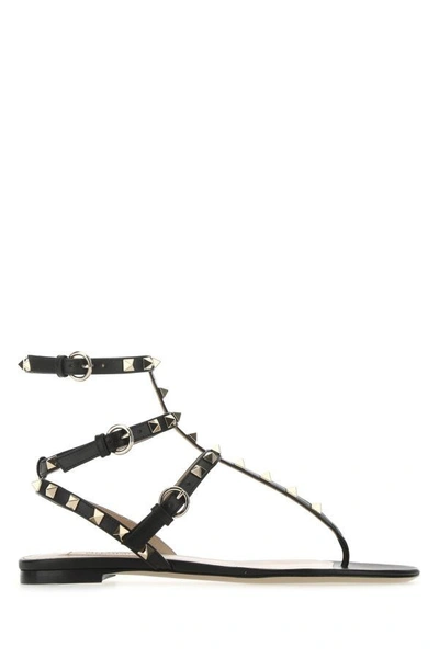 Valentino Garavani Woman Black Leather Rockstud Thong Sandals