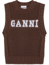 Ganni Intarsia-knit Logo Organic-cotton Blend Vest In Brown
