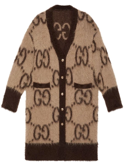 Gucci Gg Mohair Wool Long Cardigan In Neutrals