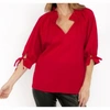 SOFIA COLLECTIONS COTTON PERCALE RUFFLE NECKLINE WITH 3/4 TIE SLEEVE TOP IN RED