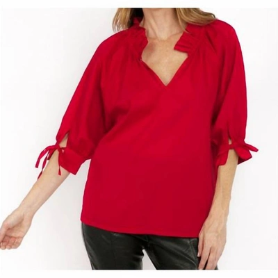 Sofia Collections Cotton Percale Ruffle Neckline With 3/4 Tie Sleeve Top In Red