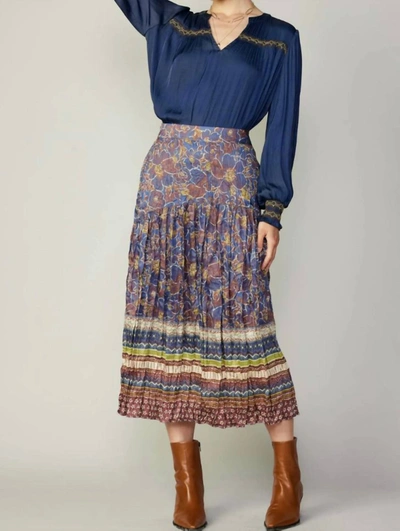 Current Air Floral Border Print Midi Skirt In Blue/brown Multi
