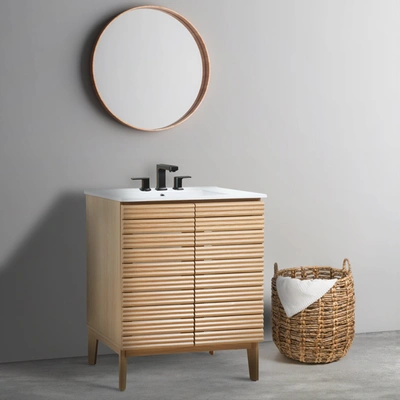 Jonathan Y Calandre 29 In. W X 18 In. D X 33 In. H Thin Linear Slat Modern Farmhouse 2-shelf Bath Vanity Cabine In Brown