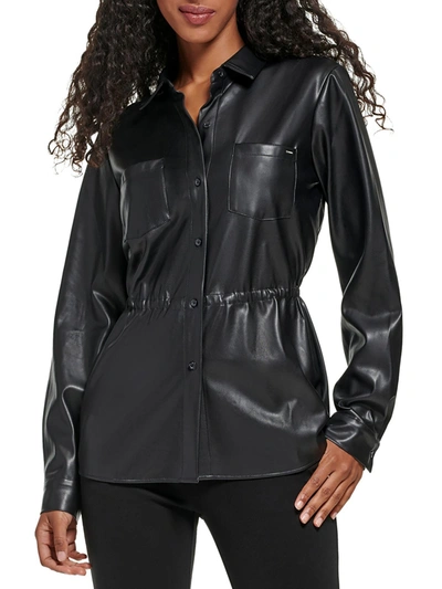 Calvin Klein Womens Faux Leather Lightweight Motorcycle Jacket In Black