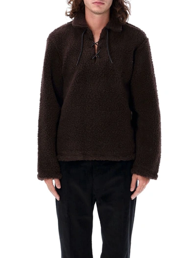 Bode Lace-up Wool-blend Fleece Sweater In Dk Brown