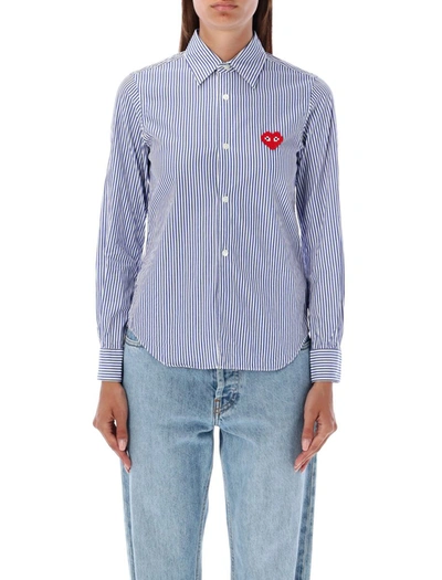 Comme Des Garçons Play Pixel Red Heart Shirt In Blue/white Stripes