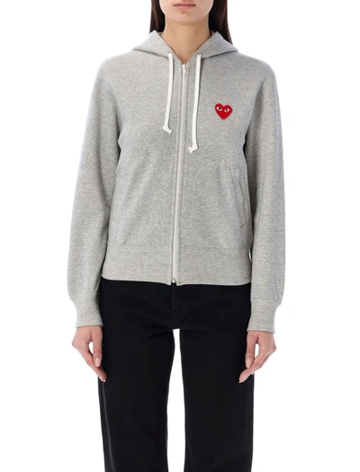 Comme Des Garçons Play Heart Logo Patch Zipped Hoodie In Grey