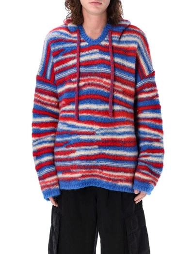 Erl Knitted Hoodie In Red/blue