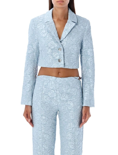 Ganni Long Sleeve Stretch Jacquard Cropped Blazer In Sky Blue