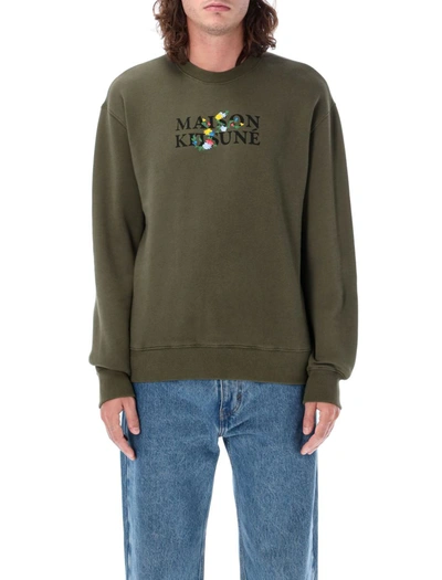 Maison Kitsuné Cotton Sweatshirt With Logo And Embroidery In Military
