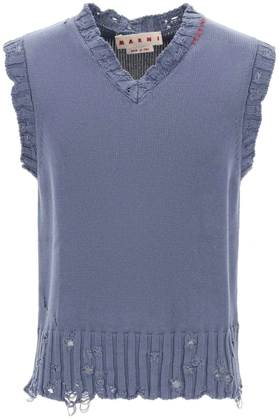 Marni Distressed V-neck Knit Vest In Light Blue,grey