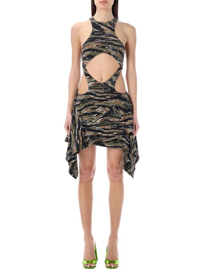 Attico Brown Magnolia Camouflage-print Mini Dress In Military/light Brown