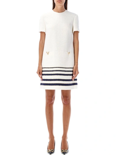 Valentino Mariniere Tweed Short-sleeve Mini Shift Dress In Ivory/navy