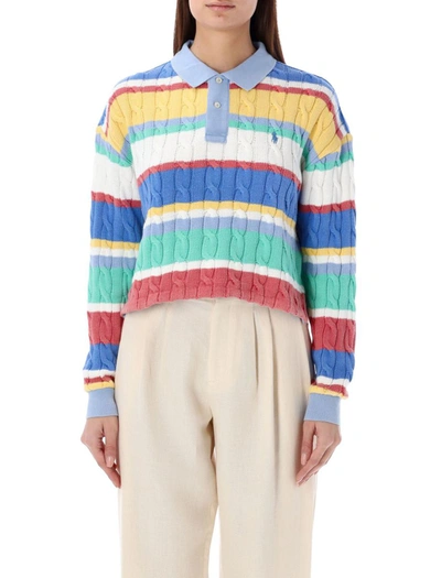 Polo Ralph Lauren Striped Cable Long Sleeve Polo Shirt In Multistripe