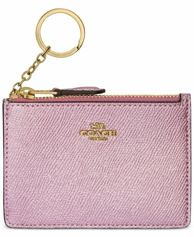 Coach Women's  Leather Metallic Small L Zip Key Fob Card Case In Pink