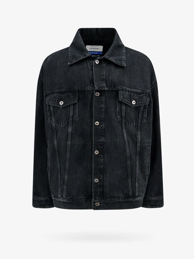 Off-white Denim Oversize Jacket With Leather Logo Patch In Black