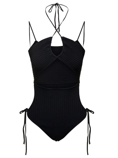 ANDREÄDAMO BLACK RIBBED BODY-SUIT WITH CUT-OUT DETAIL AND HALTERNECK IN VISCOSE BLEND WOMAN