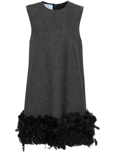 Prada Feather-detail Mini Dress In Antracite