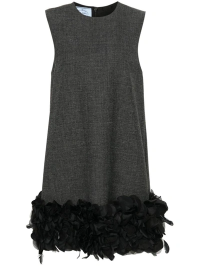 Prada Feather And Petal Trimmed Mini Dress In Grey