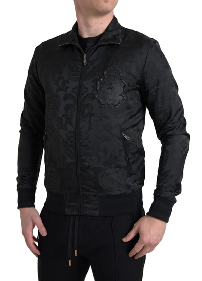 Dolce & Gabbana Black Full Zip Sweater Brocade Logo Casual Mens Jacket