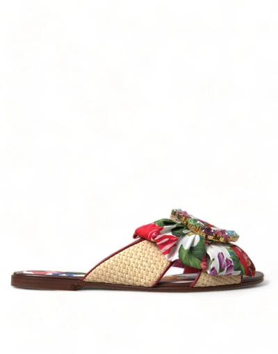 Dolce & Gabbana Multicolor Floral Flats Crystal Sandals Shoes