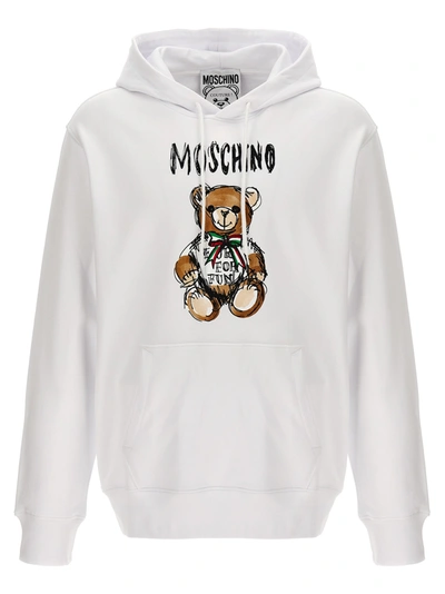 Moschino Teddy Bear Printed Drawstring Hoodie In Blanco