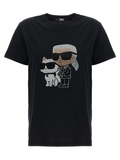 Karl Lagerfeld Ikonik Rhinestone Karl & Choupette T-shirt In Black