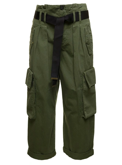 Pinko Military Green High-waisted Cargo Pants With Belt In Cotton Woman In Cypress Green