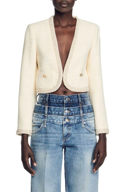 Sandro Vayene Bracelet Sleeve Crop Jacket In Cream