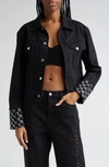 ALEXANDER WANG CRYSTAL LOGO CUFF DENIM TRUCKER JACKET