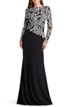 Tadashi Shoji A-line Floral-embroidered Lace & Crepe Gown In Ivory/black