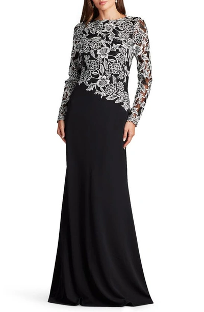 Tadashi Shoji A-line Floral-embroidered Lace & Crepe Gown In Ivory/black
