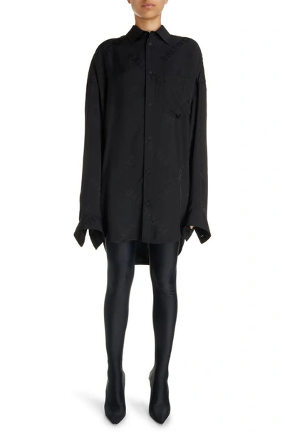 Balenciaga Logo Jacquard Cocoon Long Sleeve High-low Shirtdress In Black