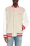 BALMAIN SIGNATURE MIXED MEDIA VIRGIN WOOL & FAUX LEATHER VARSITY JACKET