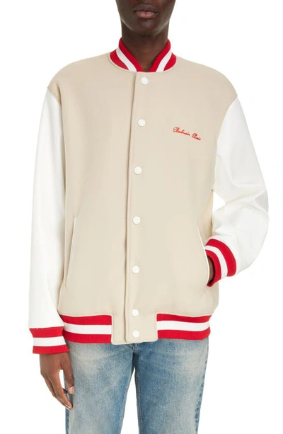 BALMAIN SIGNATURE MIXED MEDIA VIRGIN WOOL & FAUX LEATHER VARSITY JACKET