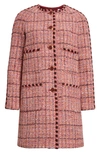 St John Metallic Knit-trim Textured Slub Tweed Jacket In Cranberry/ecru/brick Multi