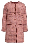 St John Metallic Knit-trim Textured Slub Tweed Jacket In Cranberry/ Ecru/ Brick Multi