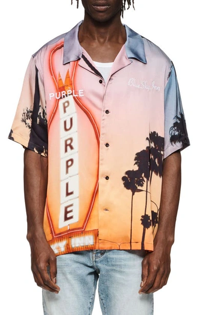 Purple Brand X Blue Sky Inn Purple Motel Short Sleeve Button-up Shirt